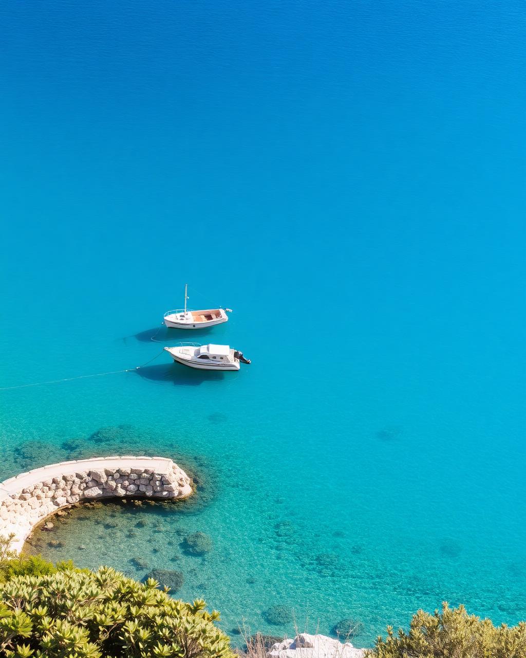 Calm turquoise bay at Kaprije with small boats